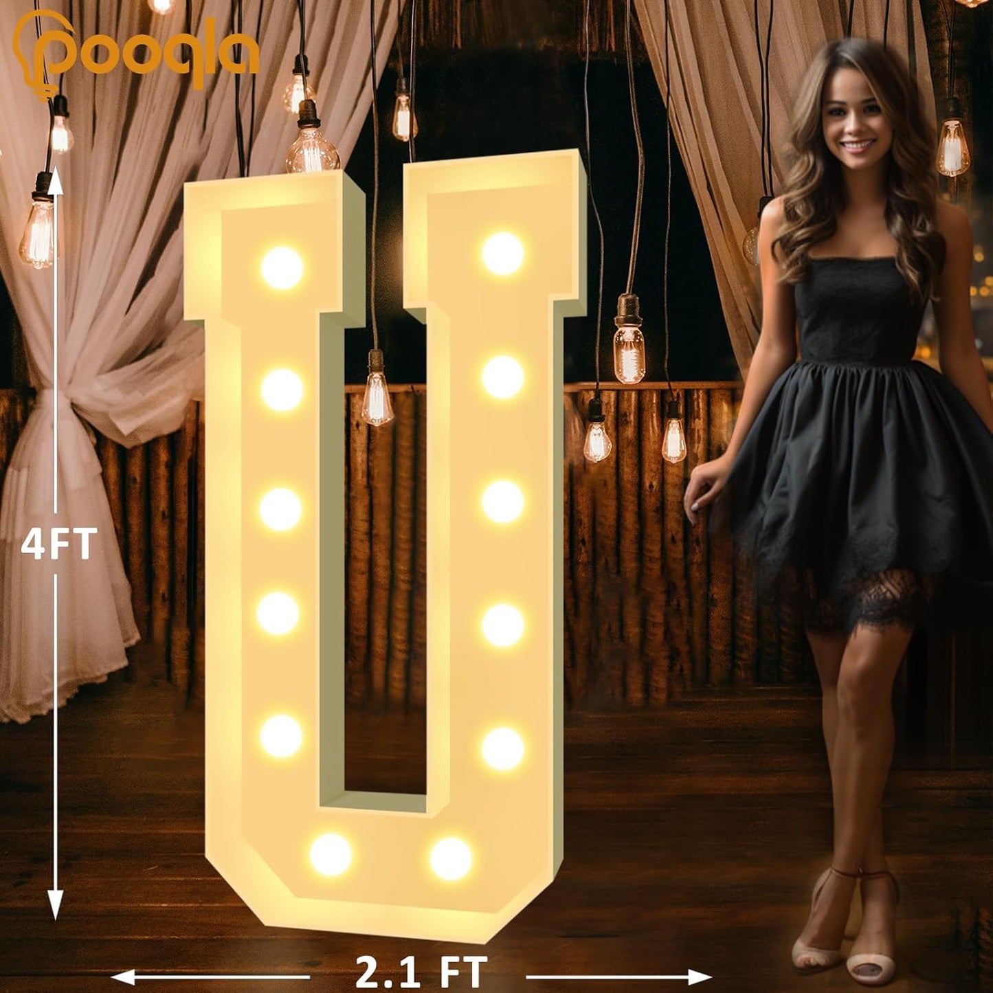 Pooqla 4 FT Marquee Light Up Letters, Cool White and Warm White Marquee Letter 4 Feet Tall, Giant LED Sign Big Mosaic Letter U for Balloons Birthday Party Anniversary Wedding Decorations