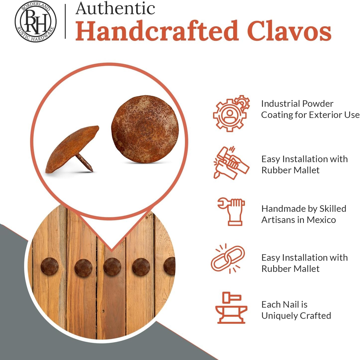 10 Pack 2" Round Head Iron Clavos Decorative Nails – Rusted – Handmade Rustic Round Fasteners for Farmhouse Shutters, Faux Wood Beams, Barn Doors, Shutters, Gates – Ornamental Wood Accent