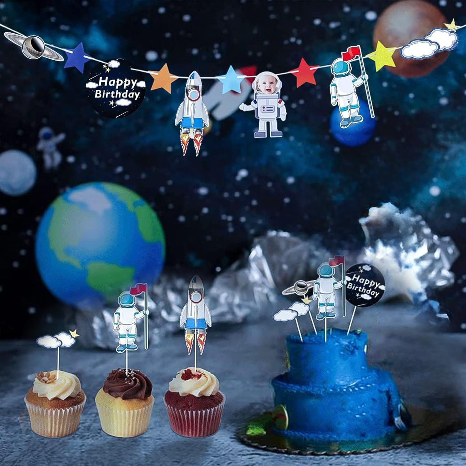 22Pcs Space Cake Topper,Space Cupcake Toppers Astronaut Figurine Birthday Outer Space Themed Party