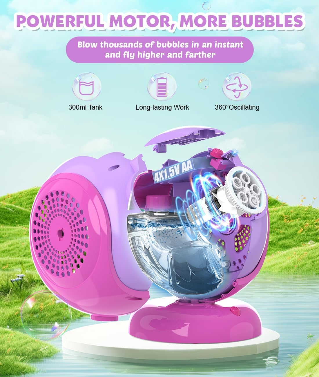 Bubble Machine, Automatic 360° Rotation & 75° Adjustment Bubbles Blower for Kids, Toddlers, Bubble Toys with LED Light - Gifts for Girls 1+ Year Old, Halloween, Outdoor, Birthday, Party