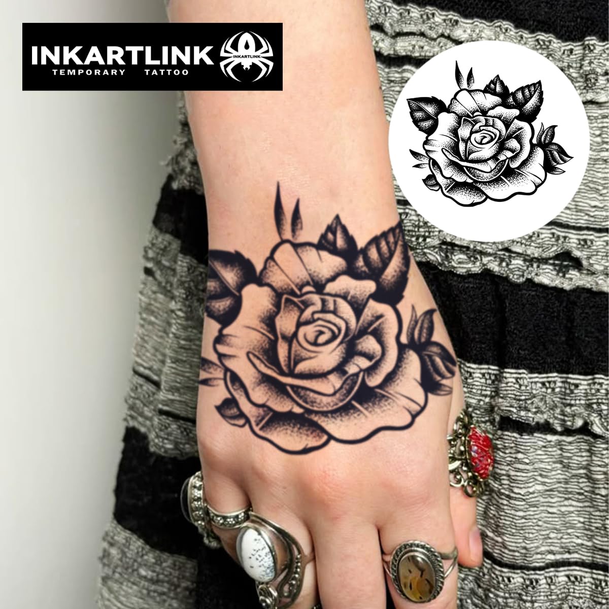 INKARTLINK Tattoo Tech, 2 Sheets Medium Semi Permanent Tattoo, Temporary Tattoos, Last 1-2 Weeks, Waterproof, Realistic Look, No Adhesive, No Reflection (Flower Design)112