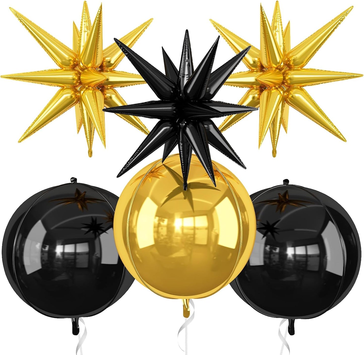 6Pcs Black Gold Foil Balloons,22Inch Gold Black 4D Round Ball Balloon and Explosion Star Balloon for Birthday Wedding Baby Shower Anniversary Graduation Decorations