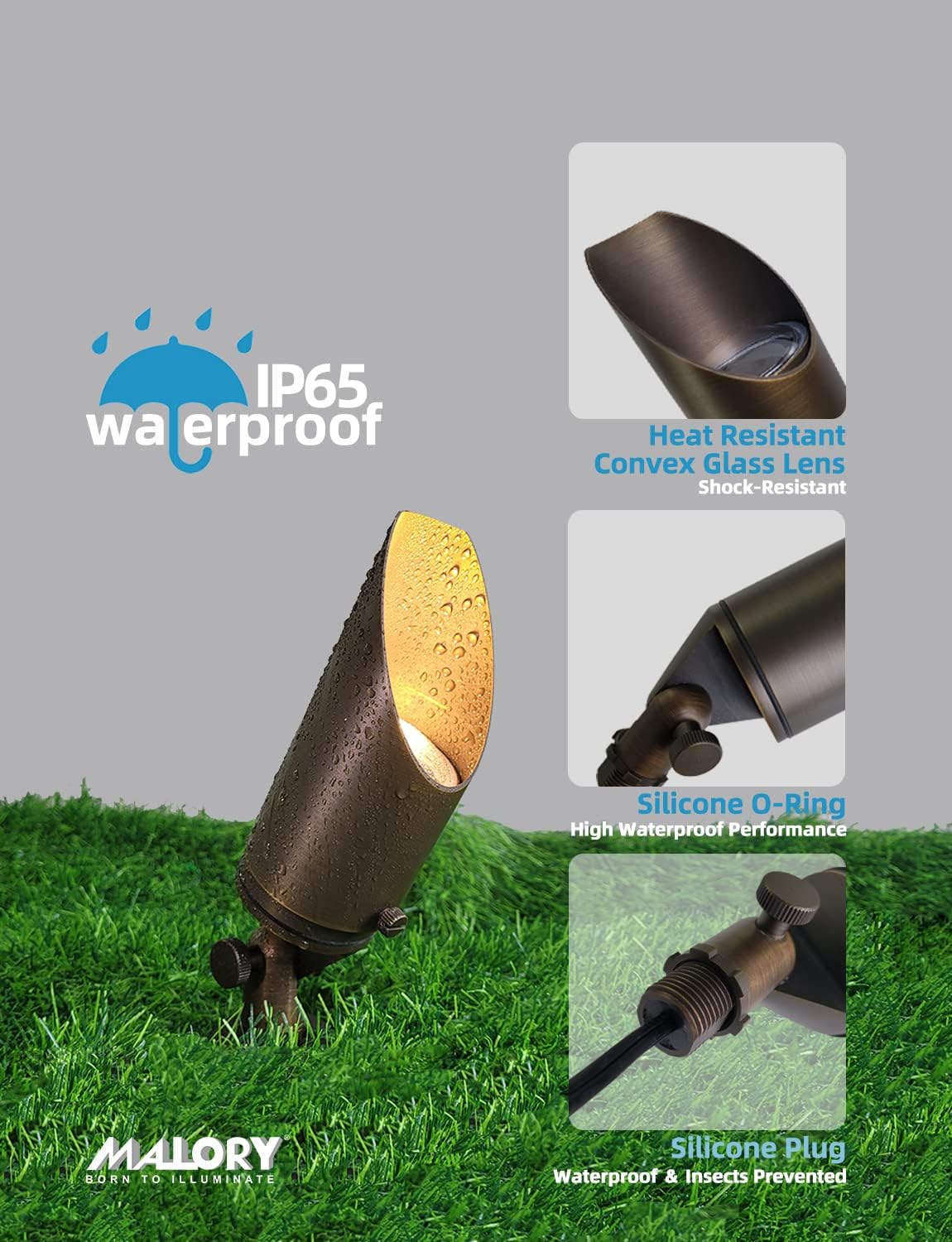 MALORY Brass Landscape Spotlight 10-Pack with 5W LED MR16 Bulb(S03), 12V AC/DC Low Voltage Outdoor Landscape Lighting Shroud Adjustable,Ground Stake and Wire Connector Included,2700K Warm White