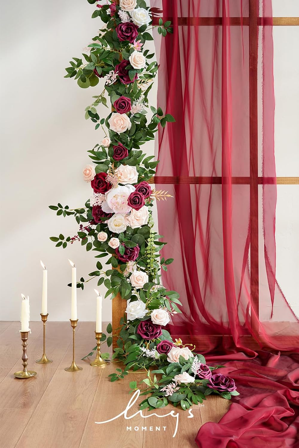 Ling's Moment 9FT Spring Flower Garland - Wedding Arch Flowers, Eucalyptus & Rose, Artificial Floral Garland for Mantle - Sweetheart Table Decor for Reception, Backdrop Decorations, Marsala