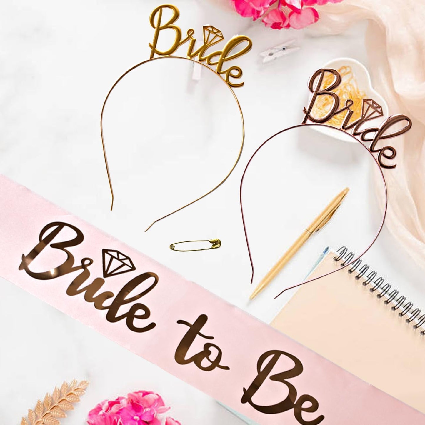 3 Pack Bride to Be Decorations Set, Bride to Be Sash,White Bride Veil, Bride Headband Tiara for Bachelorette Party Bridal Shower Decoration(White with Rose Gold)