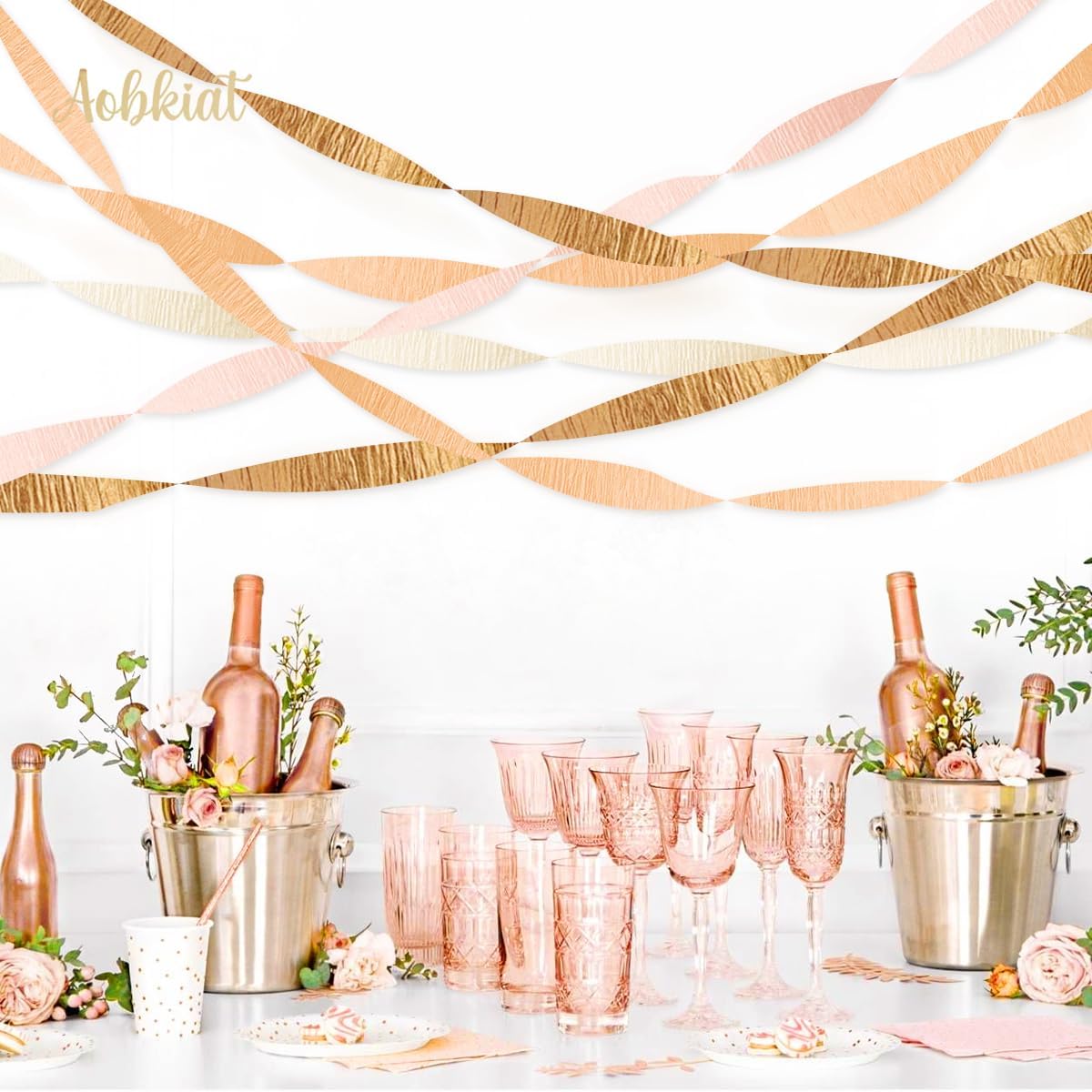 AOBKIAT Wedding Decor Gold Pink Orange Gold Crepe Paper 8 PCS Streamers Party Decorations for Wedding,Bachelorette,Birthday,Bridal Baby Shower,Anniversary Party Backdrop