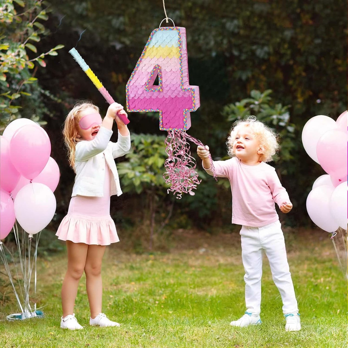 WERNNSAI Pink Sweet Four Pinata - Number 4 Pinata Happy Birthday Decoration Pink Rainbow Design Party Games for Girl Princess Baby Shower Party Favor with Blindfold Anniversary Celebration Supplies