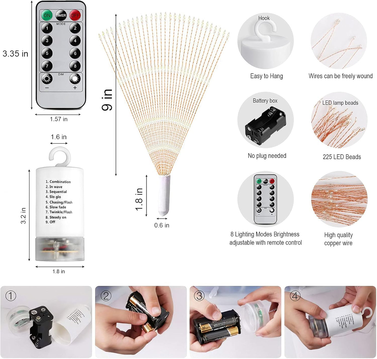 4 Pack Star String Lights Christmas Lights, 225 LED 8 Modes Dimmable with Remote Control, Waterproof Copper Wire Decorative Hanging Star Lights for Party Patio Garden Decoration (Multicolor)