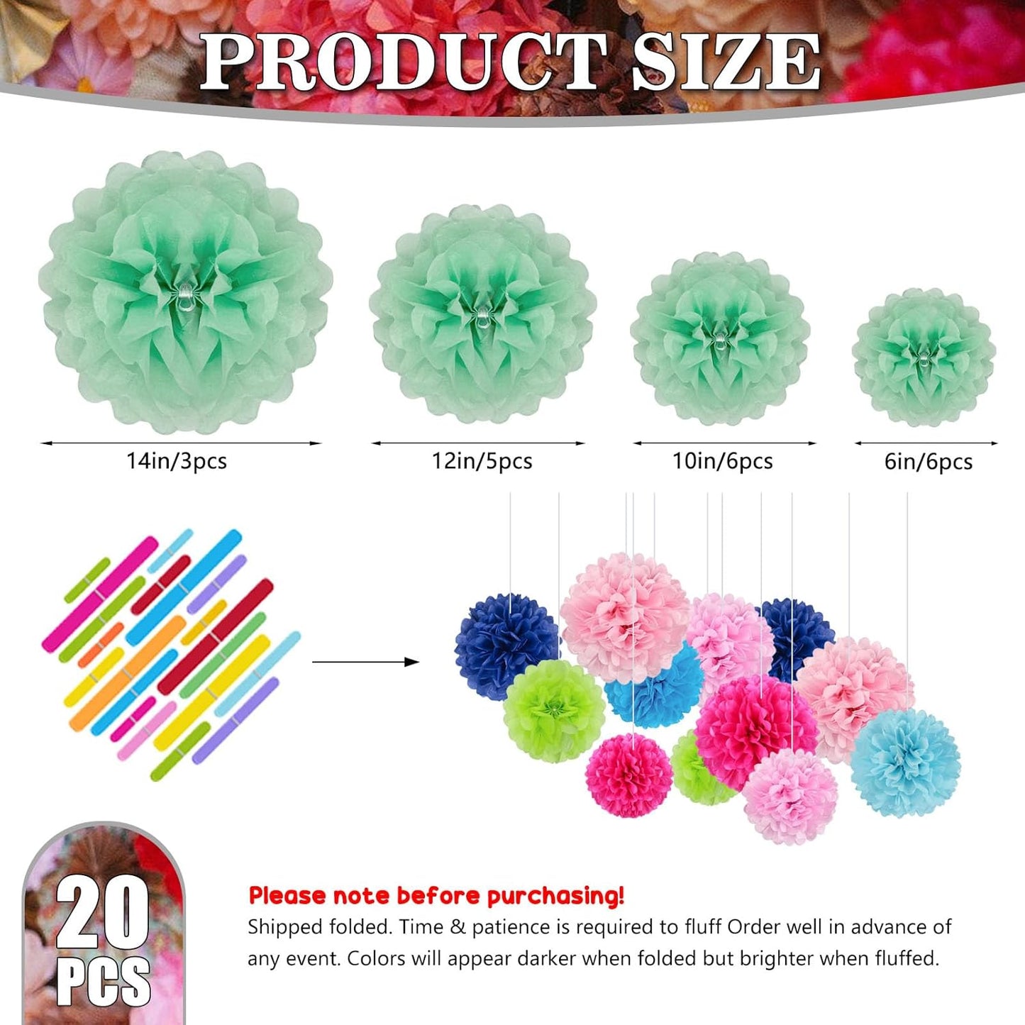 Tissue Paper Pom Poms, Light Green Tissue Paper Flowers, Hanging Flower Balls for Weddings Fiesta Parties Birthday Baby Showers Classroom Bridal Shower Decoration (20Piece Set-6/10/12/14Inch)
