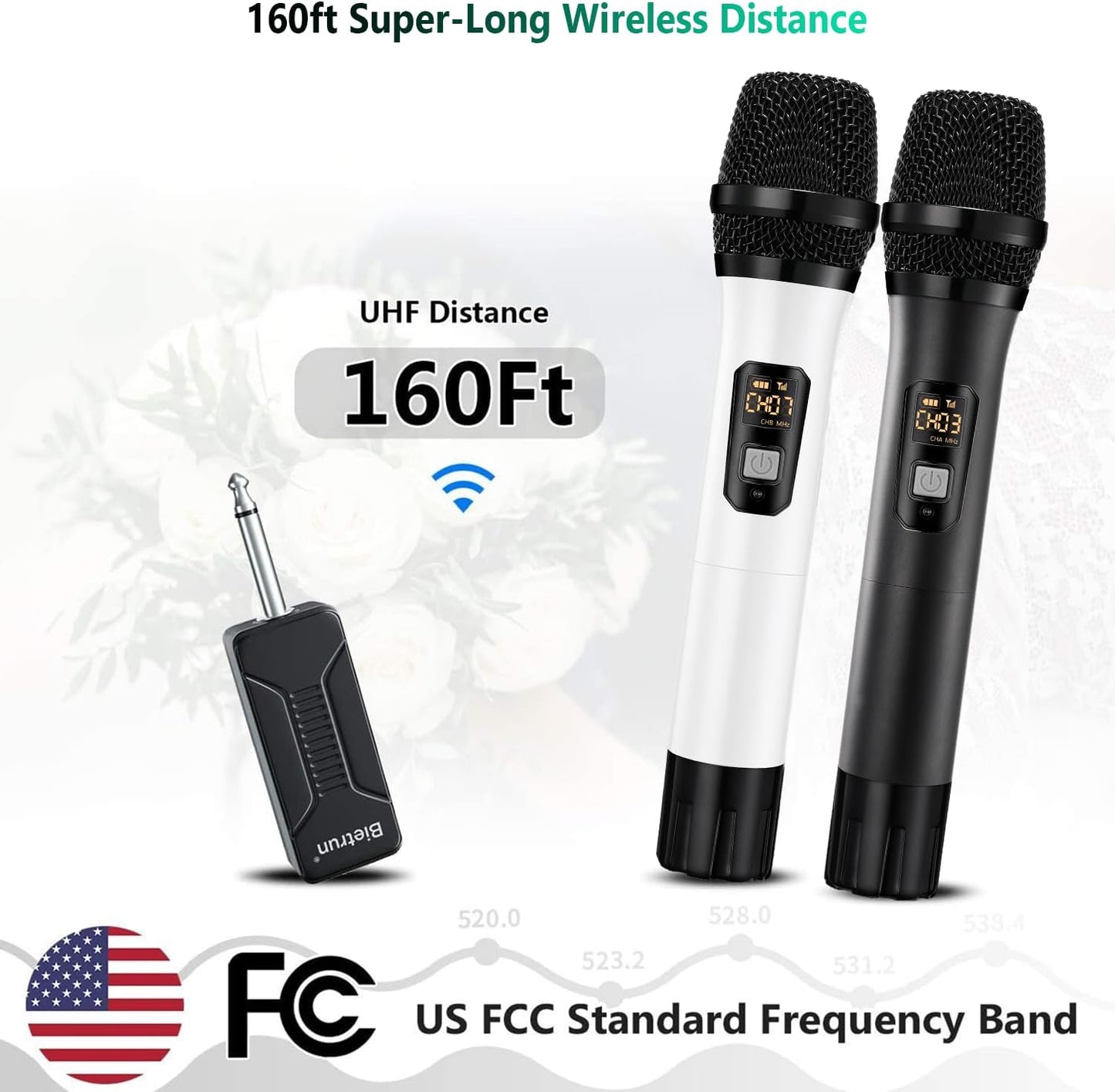 Wireless Microphone, Bietrun UHF Metal Dual Handheld Cordless Dynamic Mic System with Rechargeable Receiver, 1/4‘’Output, for Karaoke, Church, Speech, Wedding, Party Singing(160 ft Range)-Auto Connect