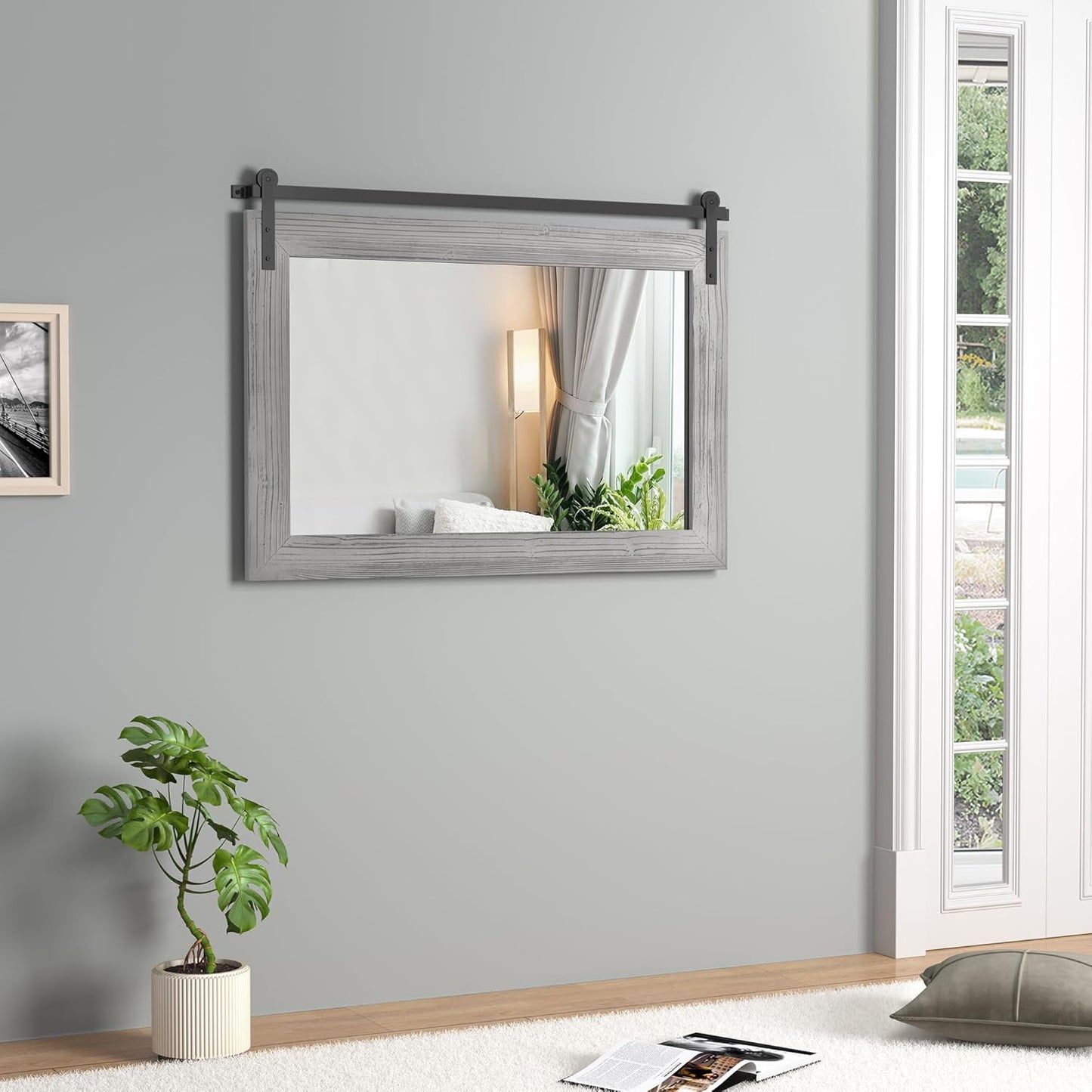 COGOOD Farmhouse Barn Door Mirror - 41" x 26" Rustic Wood Framed Wall Mirror for Bathroom, Living Room, Entryway Wall Decor (Grey)