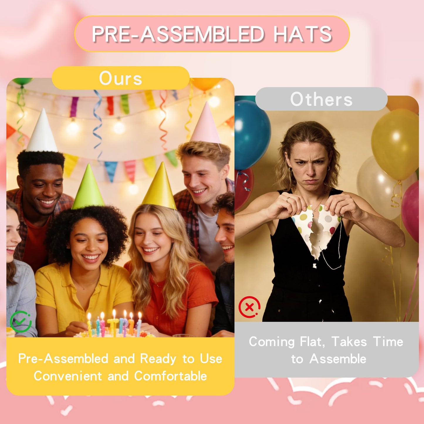 CANREVEL 24 PCS Pre-Assembled Party Hats for Adults and Kids, Pastel