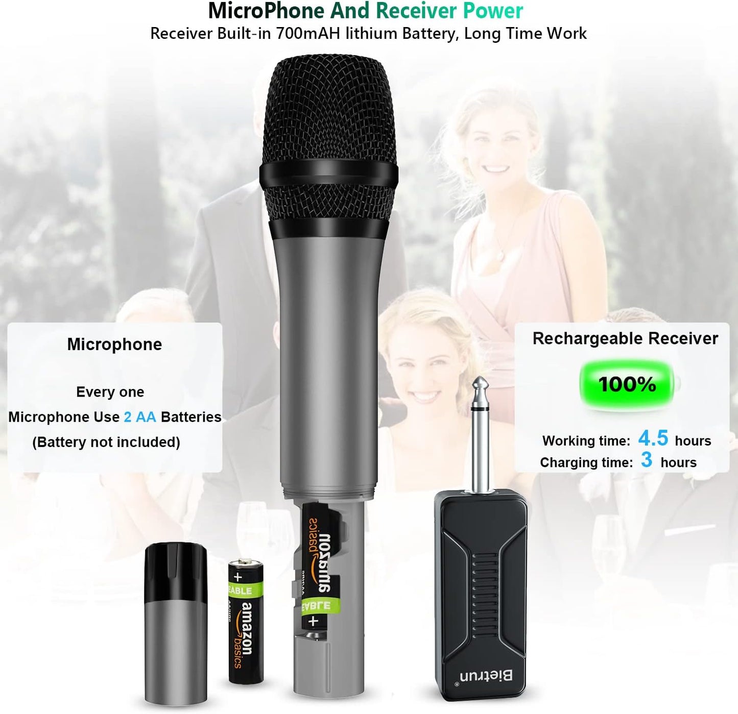 Bietrun Wireless Microphone, Professional UHF Metal Dual Handheld Cordless Dynamic Mic System Set with Rechargeable Receiver, 1/4‘’Output, Plug and Play, Instrument-Wireless-Mics for Karaoke, Wedding