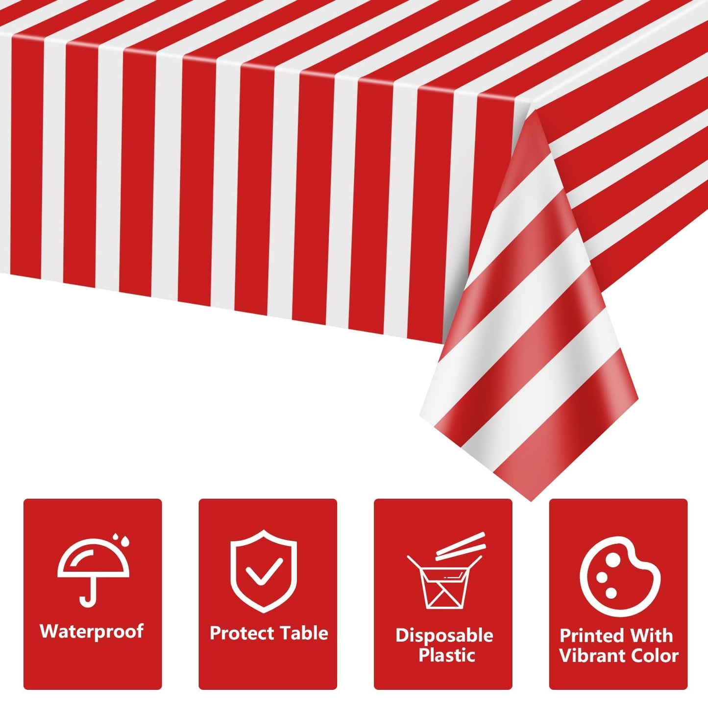 4 Pcs Carnival Tablecloths, Red and White Stripe Tablecloths, Red Plastic Table Cover, Circus Theme