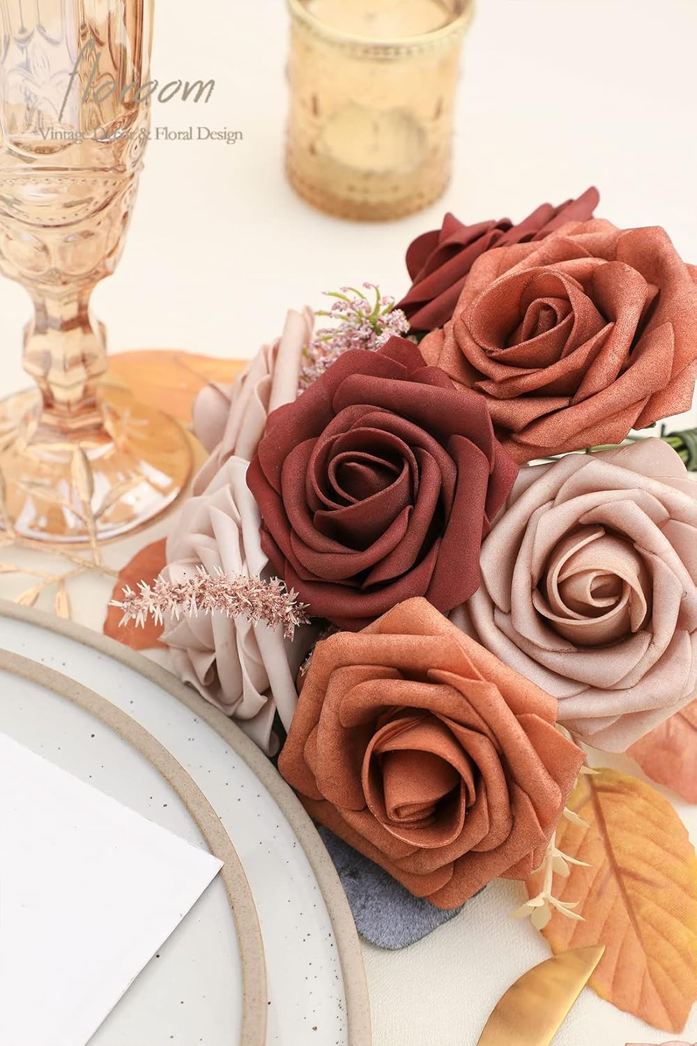 Floroom Artificial Flowers 25pcs Real Looking Terracotta Ombre Colors Foam Fake Roses with Stems for DIY Wedding Bouquets Bridal Shower Floral Centerpieces Party Tables Home Decorations