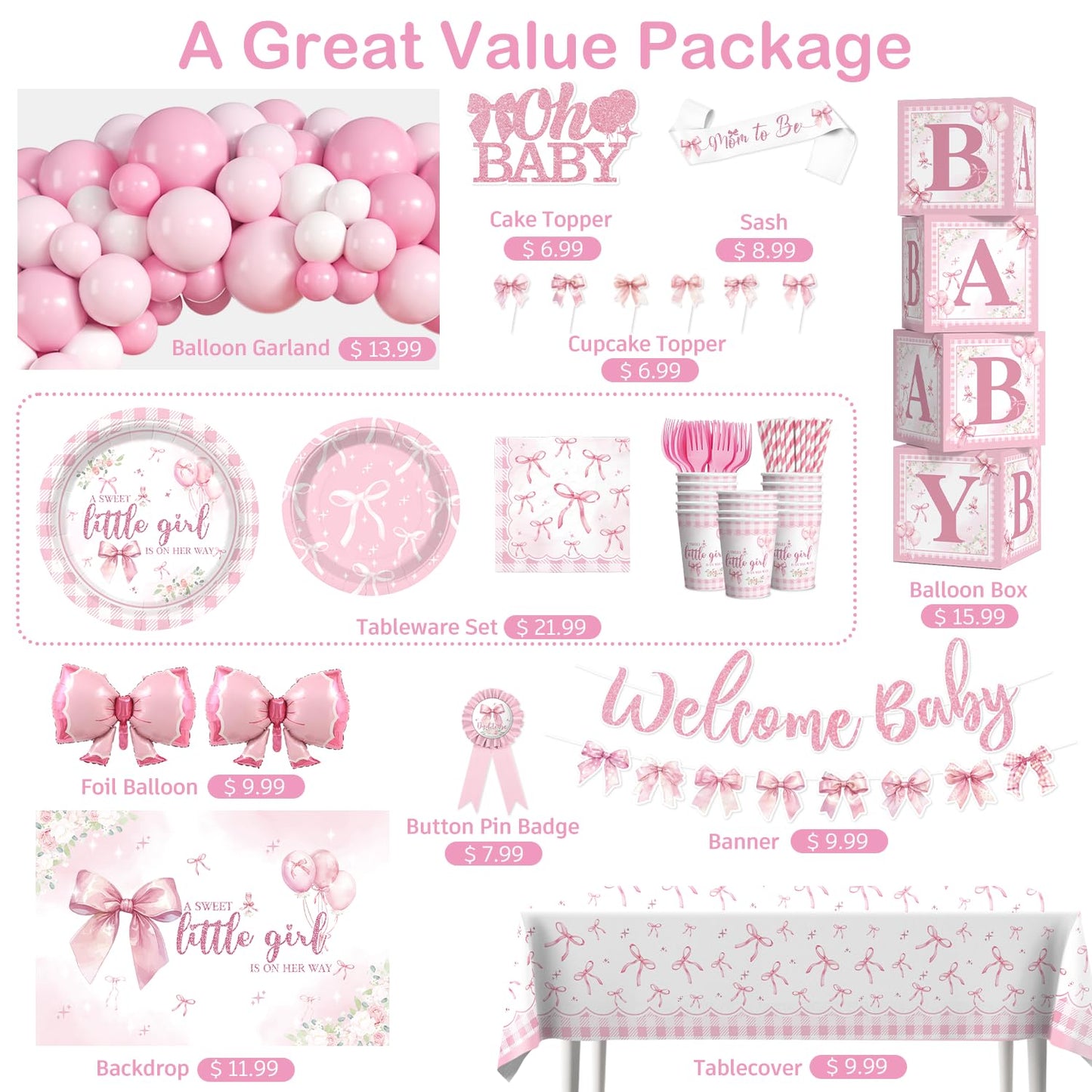 Cocomigo Pink Bow Baby Shower Decorations, All-in-One Party Set Serves 20