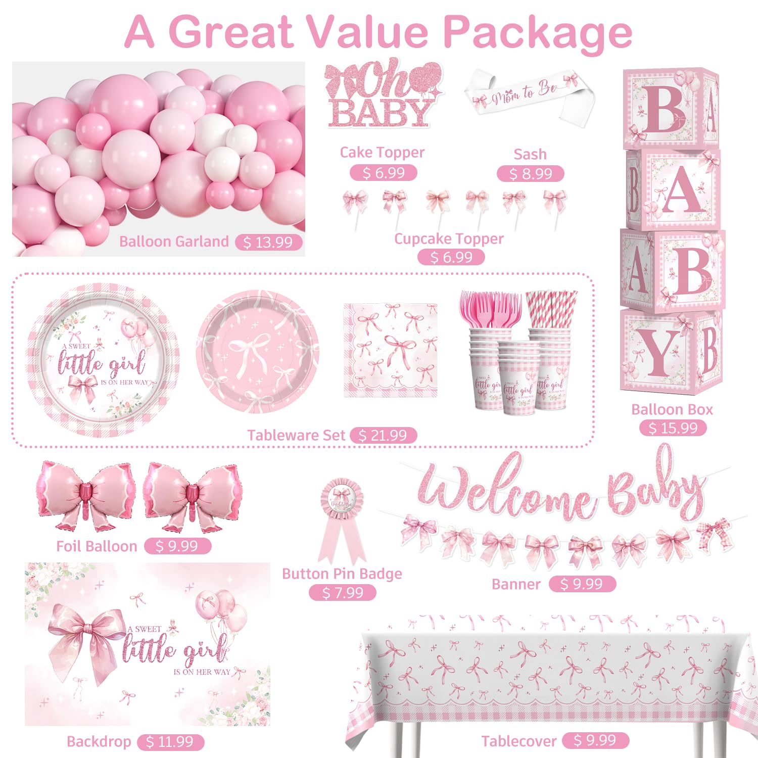 Cocomigo Pink Bow Baby Shower Decorations, All-in-One Party Set Serves 20