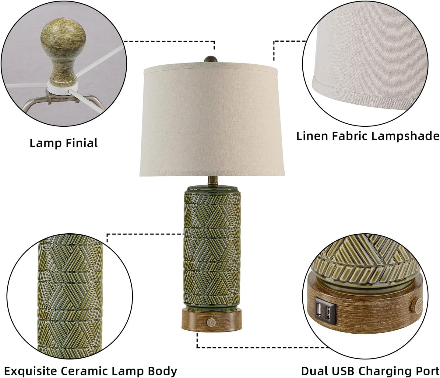 RORIA Set of 2 Retro Touch Table Lamps for Living Room Bedroom, 3 Way Dimmable Nightstand Lamp with 2 USB Port, Farmhouse Rustic Ceramic Desk Lamps for End Table Bedside, LED Bulbs Included