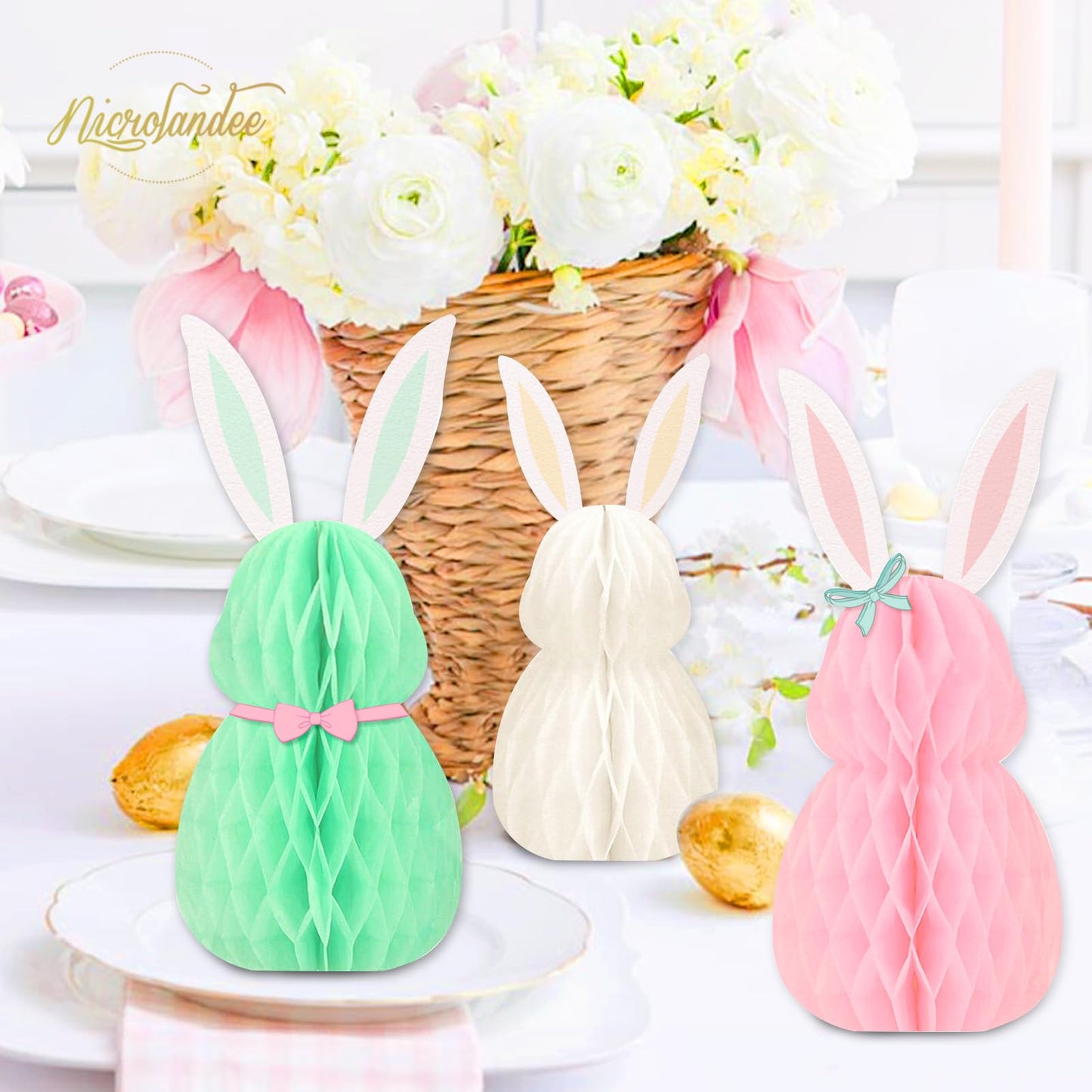 NICROLANDEE Easter Decorations - 3Pcs Mini Easter Bunny Family Honeycomb DIY Table Centerpiece Set