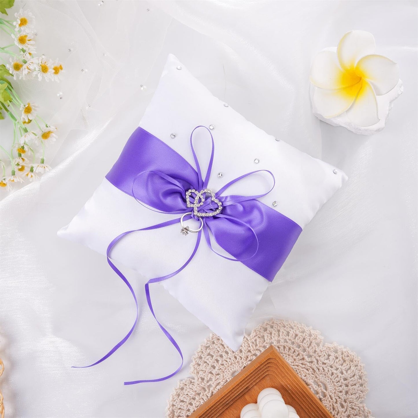 QIRMIZI Wedding Ring Pillow and Flower Girl Basket Set – Adorned with Pearl Rhinestones, White Satin,Purple