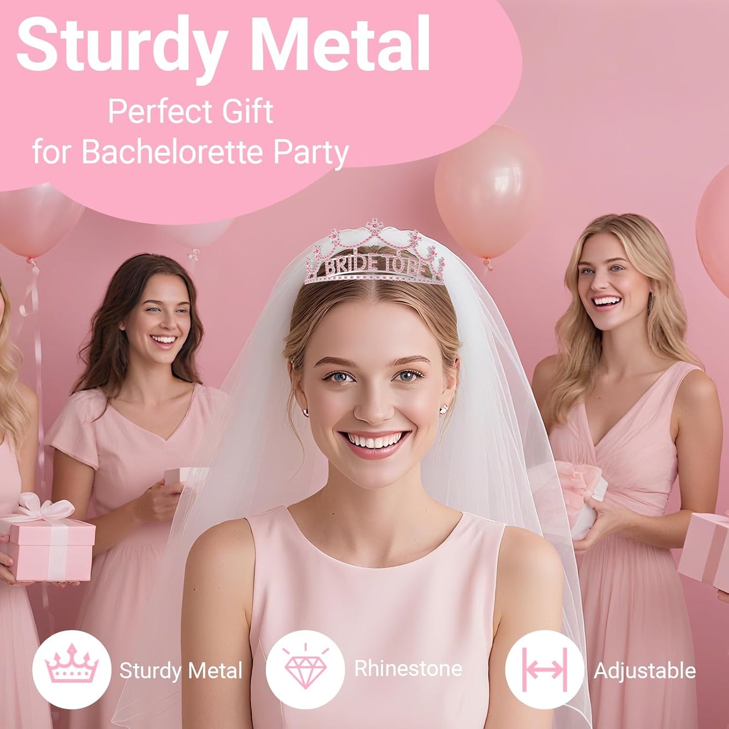 3Pcs Bride to Be Crown with Sash and Veil for Bachelorette Party Decorations，Bridal Shower Accessories for Gift, Favors