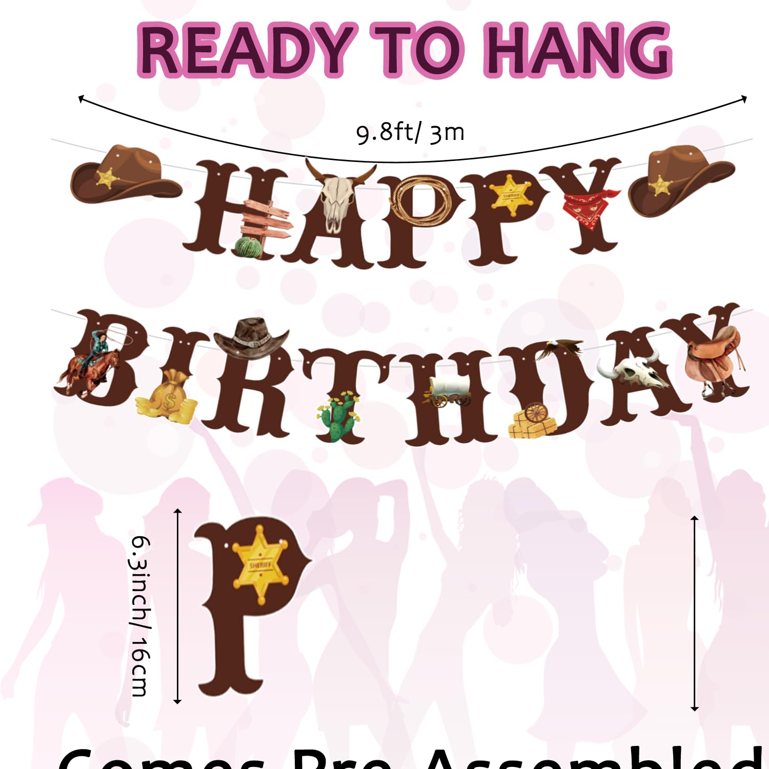 Western Cowboy Theme Wild West Party Decoration,Pre-Strung Happy Birthday Banner,Retro Horse Rodeo