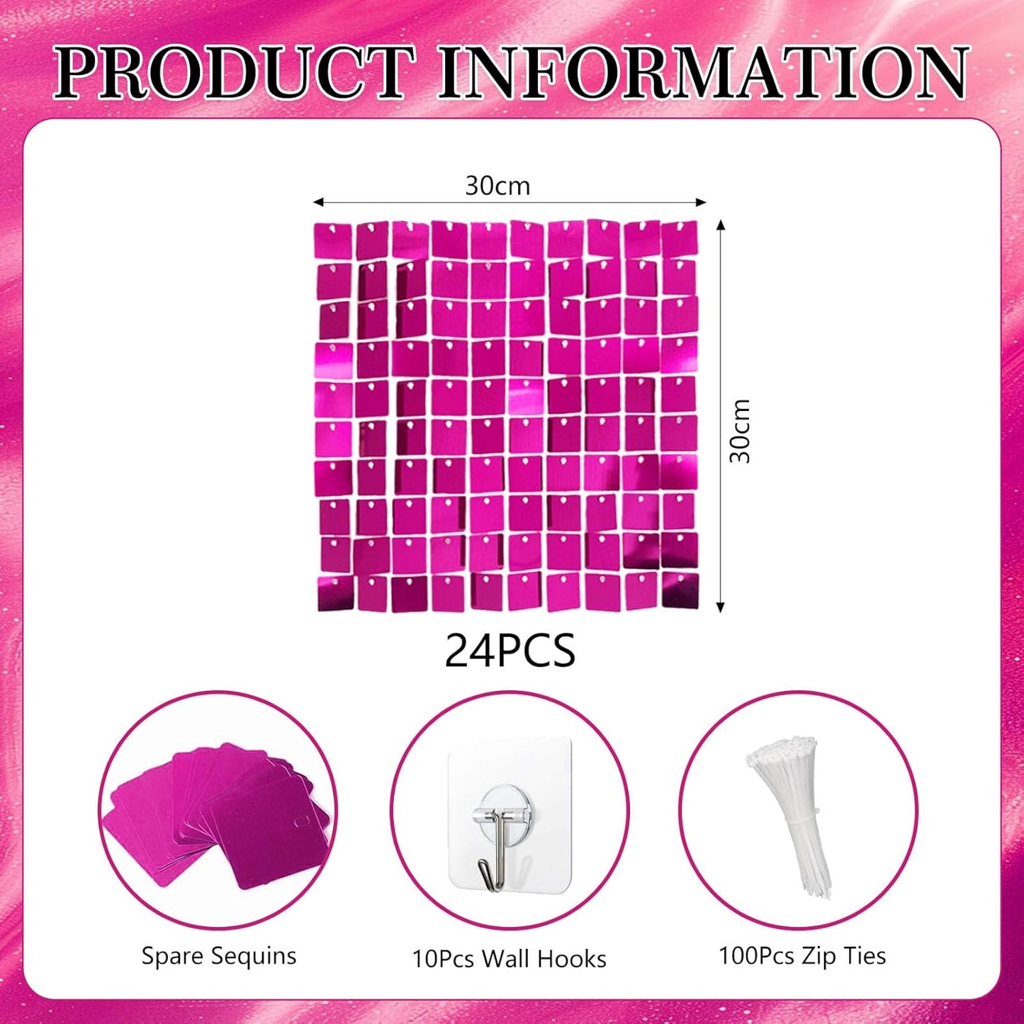 24PCS Hot Pink Shimmer Wall Backdrop, Square Sequin Backdrops Panel, Glitter Wall Background for Birthdays, Weddings, Graduation, Engagements, Disco Bachelorette Party Decoration (4FTx6FT)