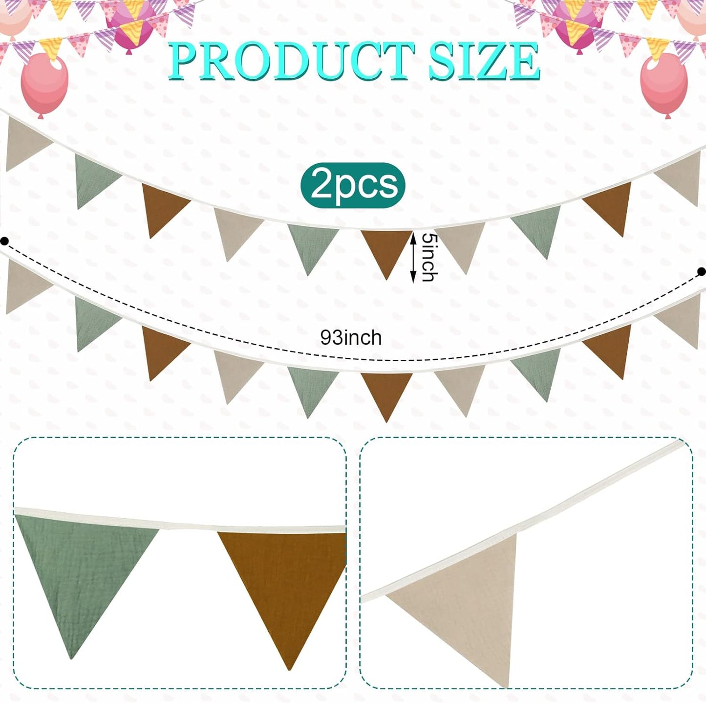 Oudain 15.5 ft Pennant Banner Flags, 2 Pcs Nursery Garland Triangle Bunting Flag Baby Banner for Nursery Decor Baby Birthday Boho Wedding Shower Party Event, Each 7.75 ft(Retro Color)