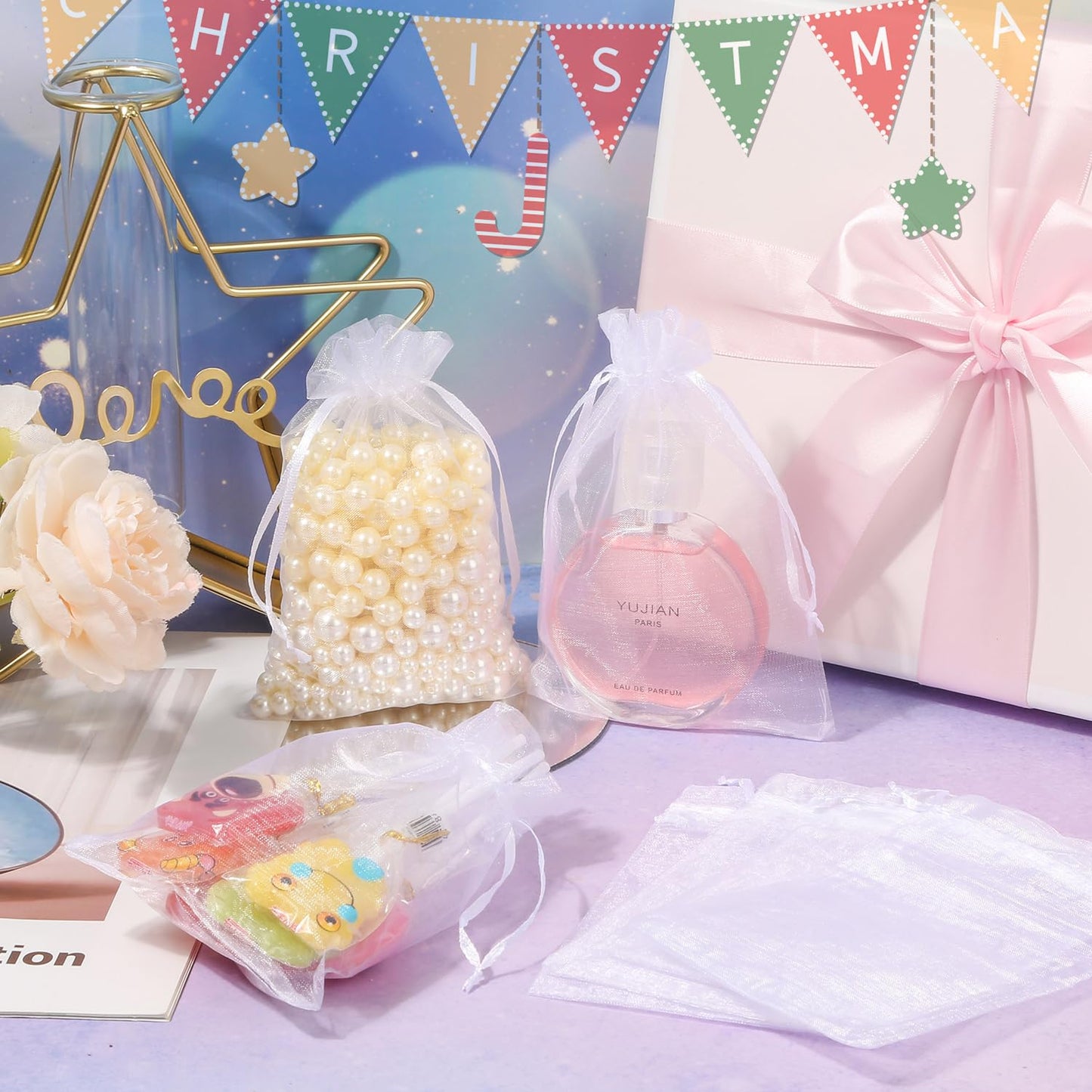 Hopttreely 100PCS Premium Sheer Organza Bags, White Wedding Favor Bags with Drawstring, 4x4.72