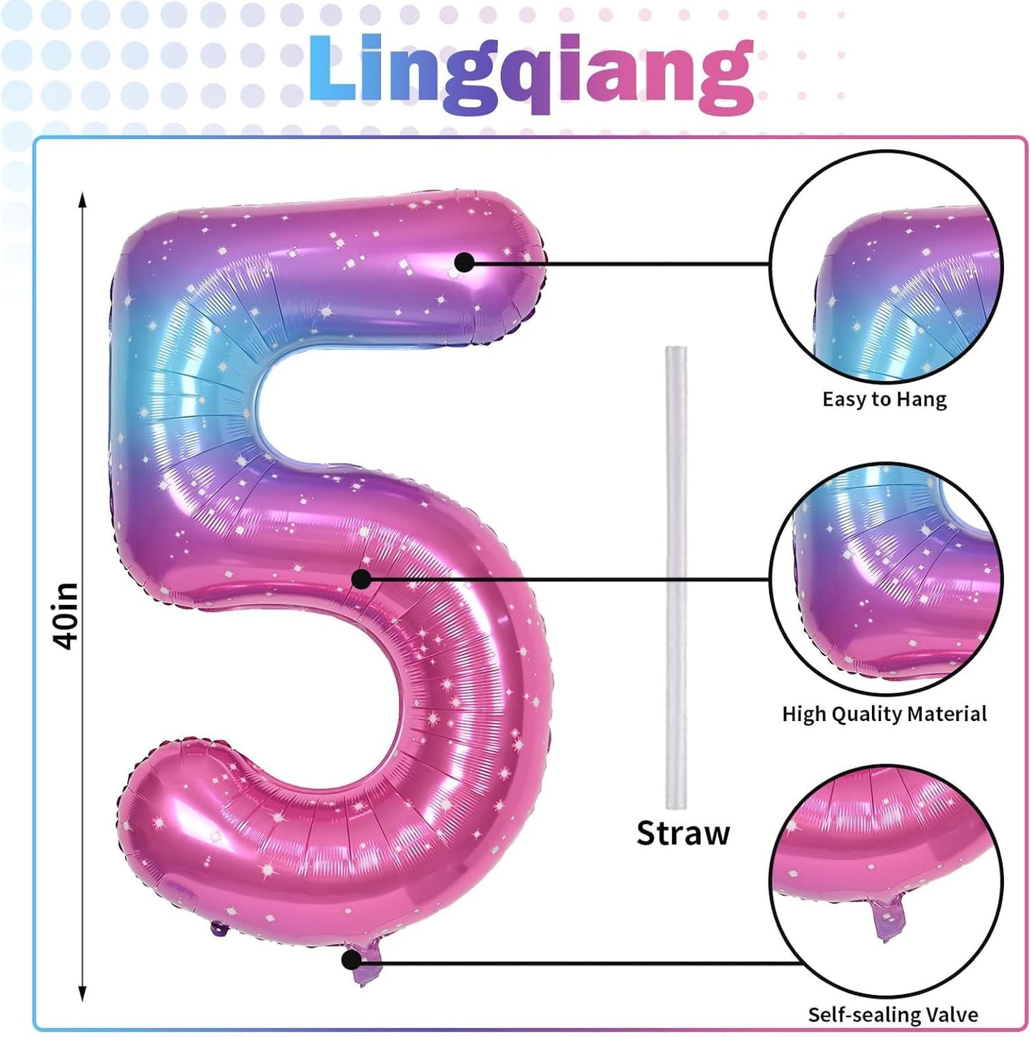 Rainbow Gradient Number 5 Balloon for Girls, 40 Inch Large Blue Pink Purple Number 0-9 Foil Mylar Helium Digital 5 Balloons Set for Women Birthday Anniversary Party Decorations Celebration Supplies