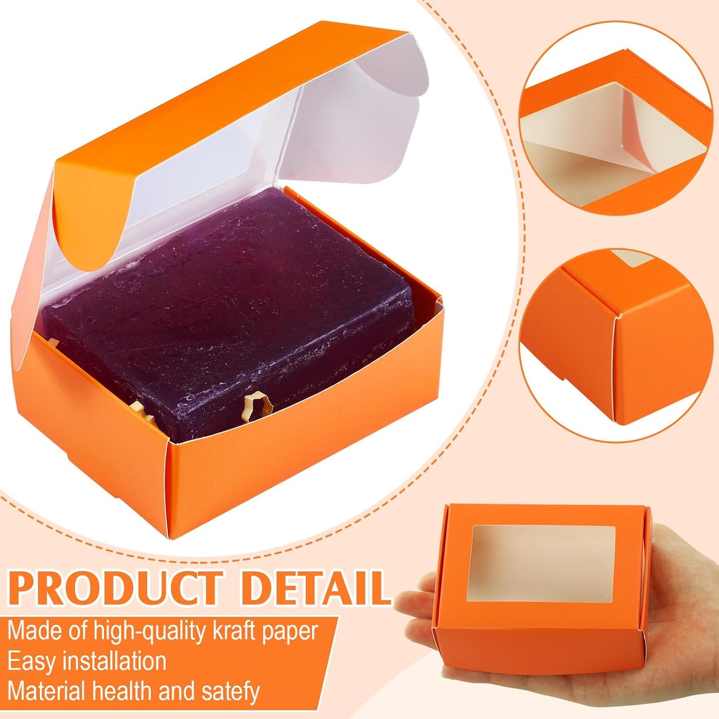 Zonon 30 Pcs Soap Boxes for Homemade Packaging, Mini Kraft Treat Boxes with Window for Bakery Candy Soap Making Gift Packaging(3.7 x 2.6 x 1.37 Inch,Orange)