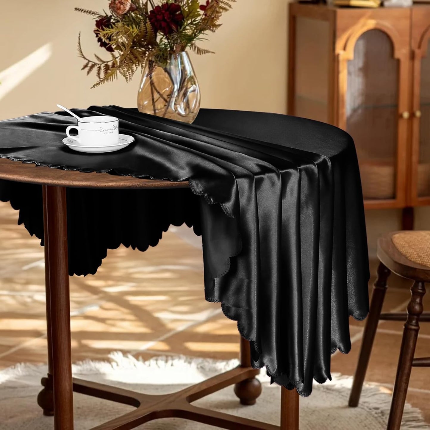 KKJIAF 1 Pack 60 Inch / 5ft Round Table Cloth, Black Overlay Round Satin Table Cover, Silky Satin Dining Tablecloths for Wedding Buffet Parties Banquet Decoration