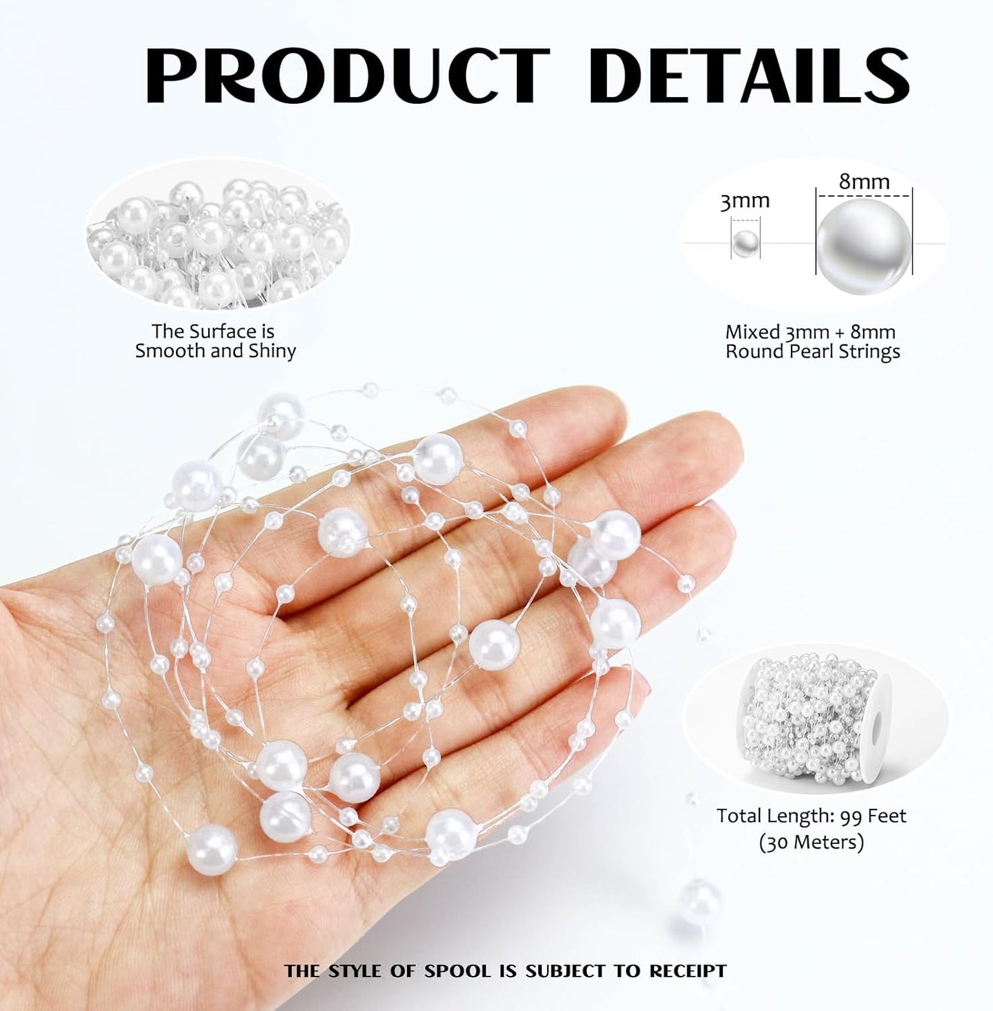 99 Feet Fishing Line Artifical Pearl Strings for Crafting, Faux Pearl Garland Strands for Floating Candle Vases Filler Wedding Centerpiece Bouquet Christmas Tree Party Decoration, White