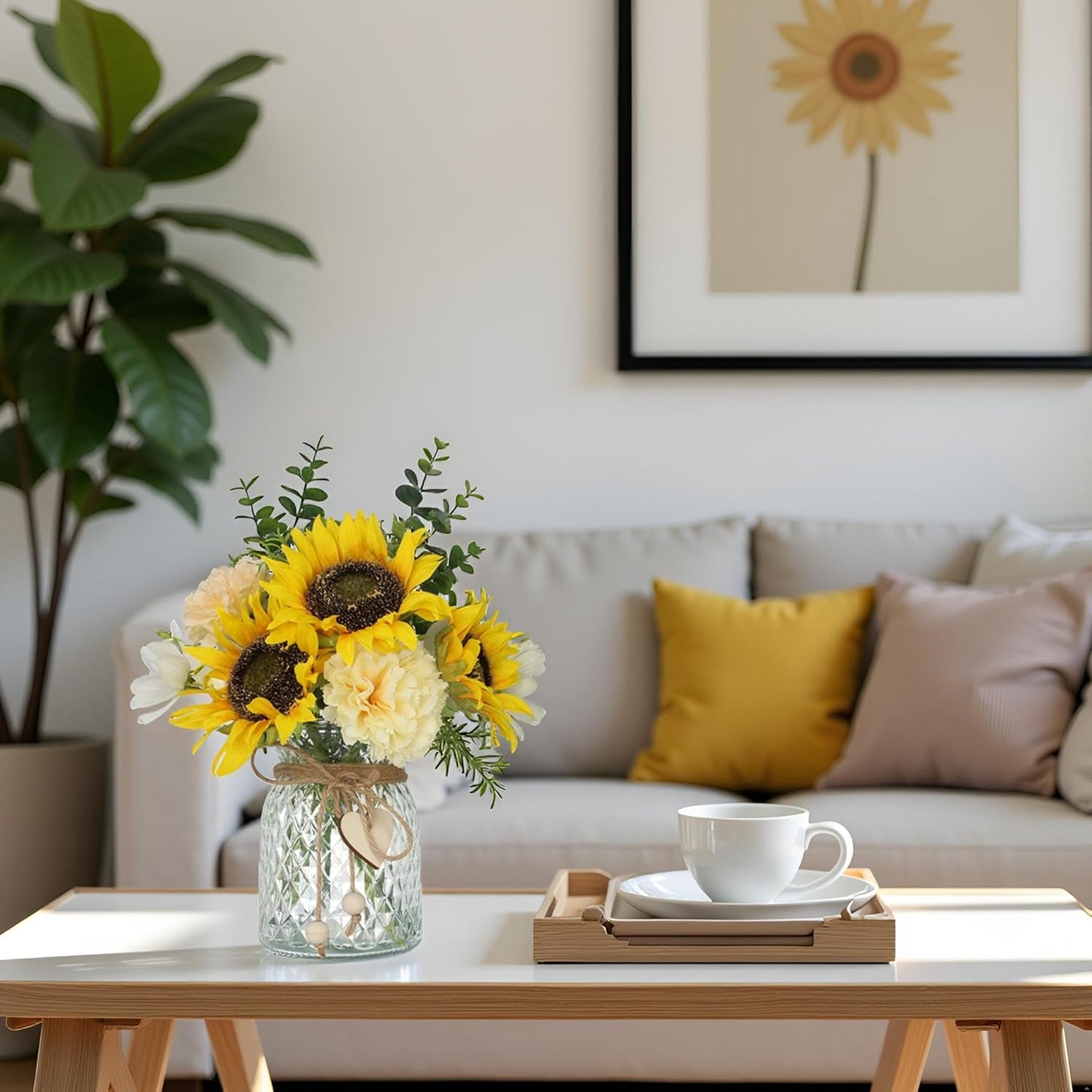 Fake Flowers in Vase,Artificial Sunflower Bouquets in Vase with a Flower Arrangement Holder,Table Centerpieces for Dining Room,Flower Centerpieces for Tables,Faux Flowers for Coffee Table Decor