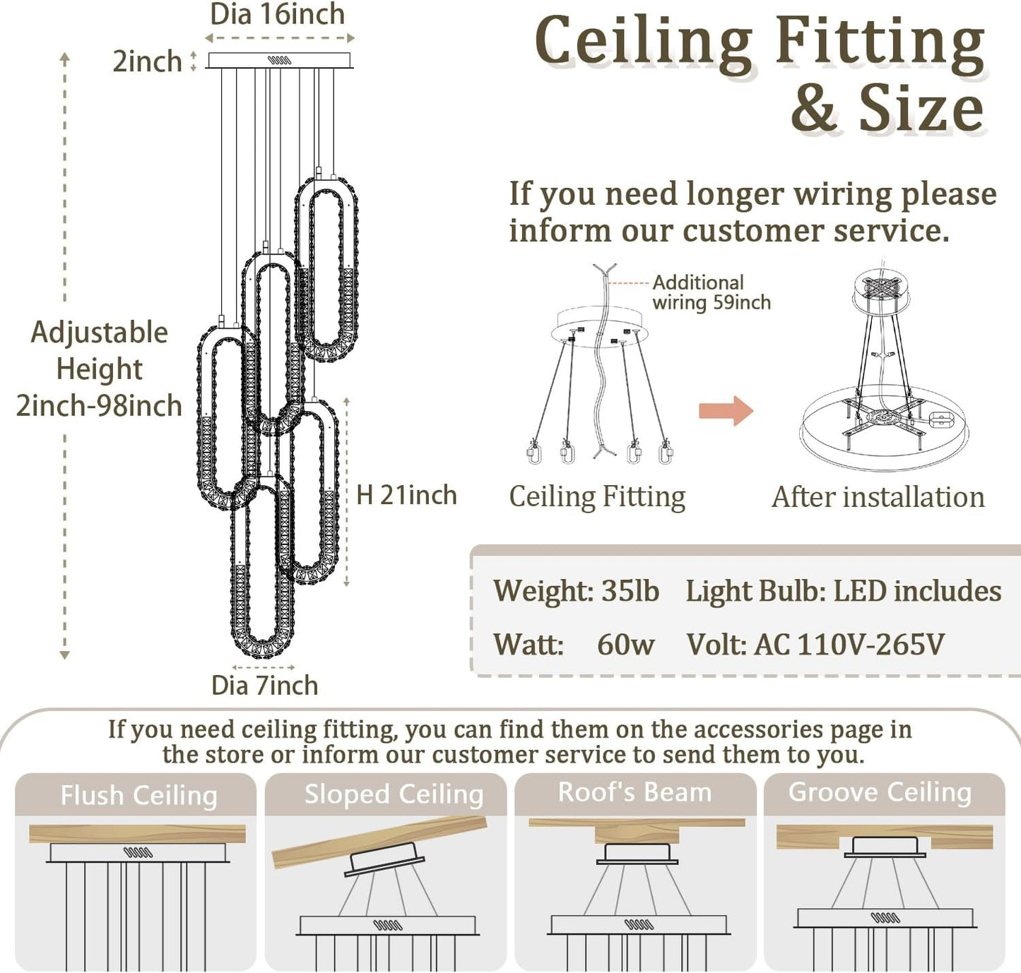 5 Rings Crystal Chandeliers for Staircase Large Pendants Light Fixture Silver High Ceiling Chandelier for Entryway Bedroom Foyer 2700K-6000K