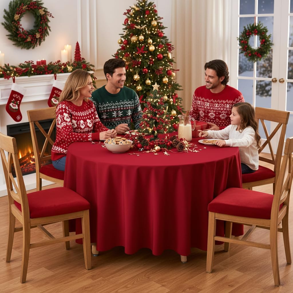 sancua Round Tablecloth - 120 Inch - Water Resistant Spill Proof Washable Polyester Table Cloth Decorative Fabric Table Cover for Dining Tables, Buffet Parties and Camping, Red