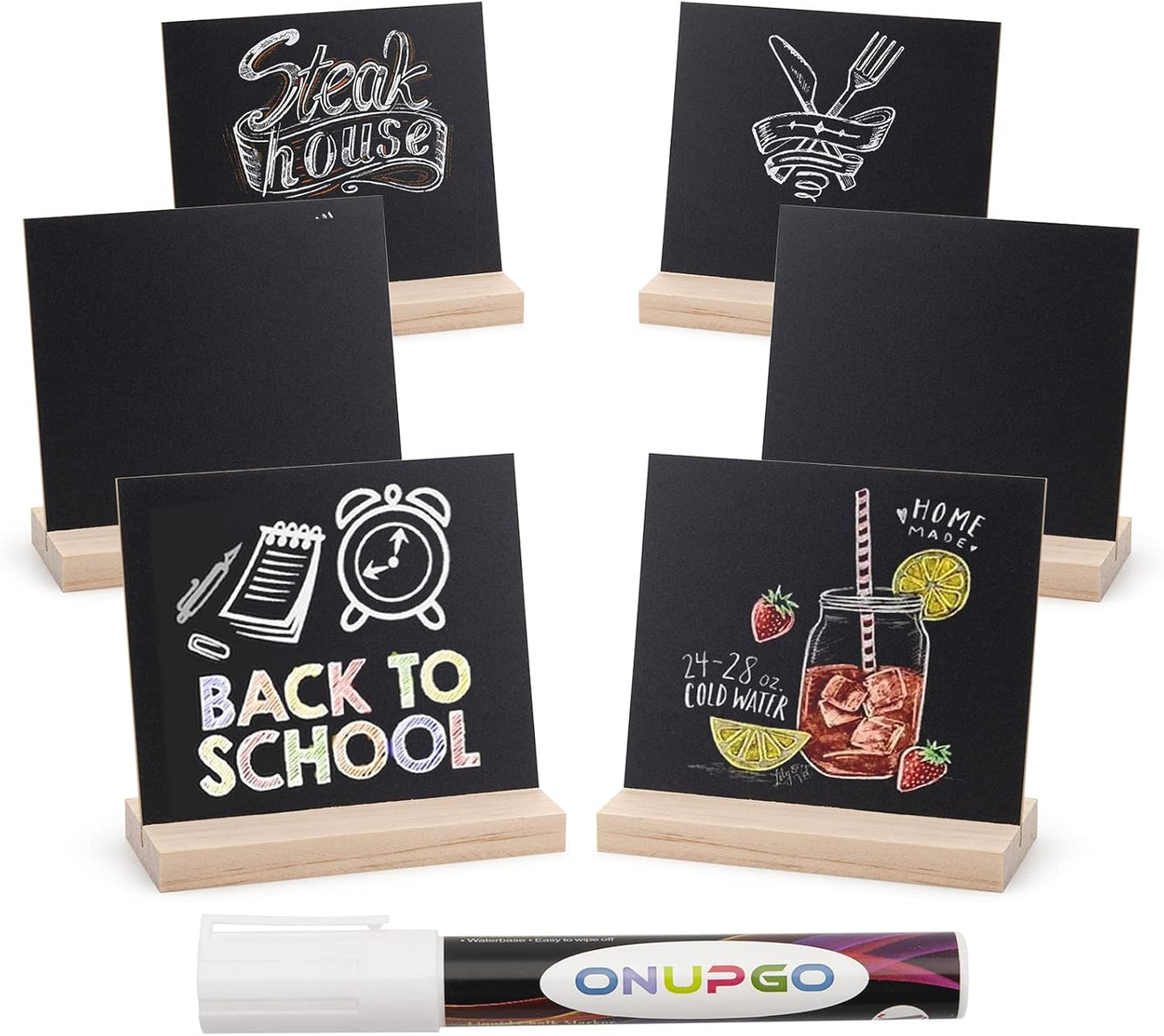 ONUPGO Chalkboard Signs with Wood Base Stands, 10X12cm Vintage Wooden Tabletop Decorative Chalkboard Sign, Message Chalkboard Sign for Party, Restaurant, Wedding, Set of 6