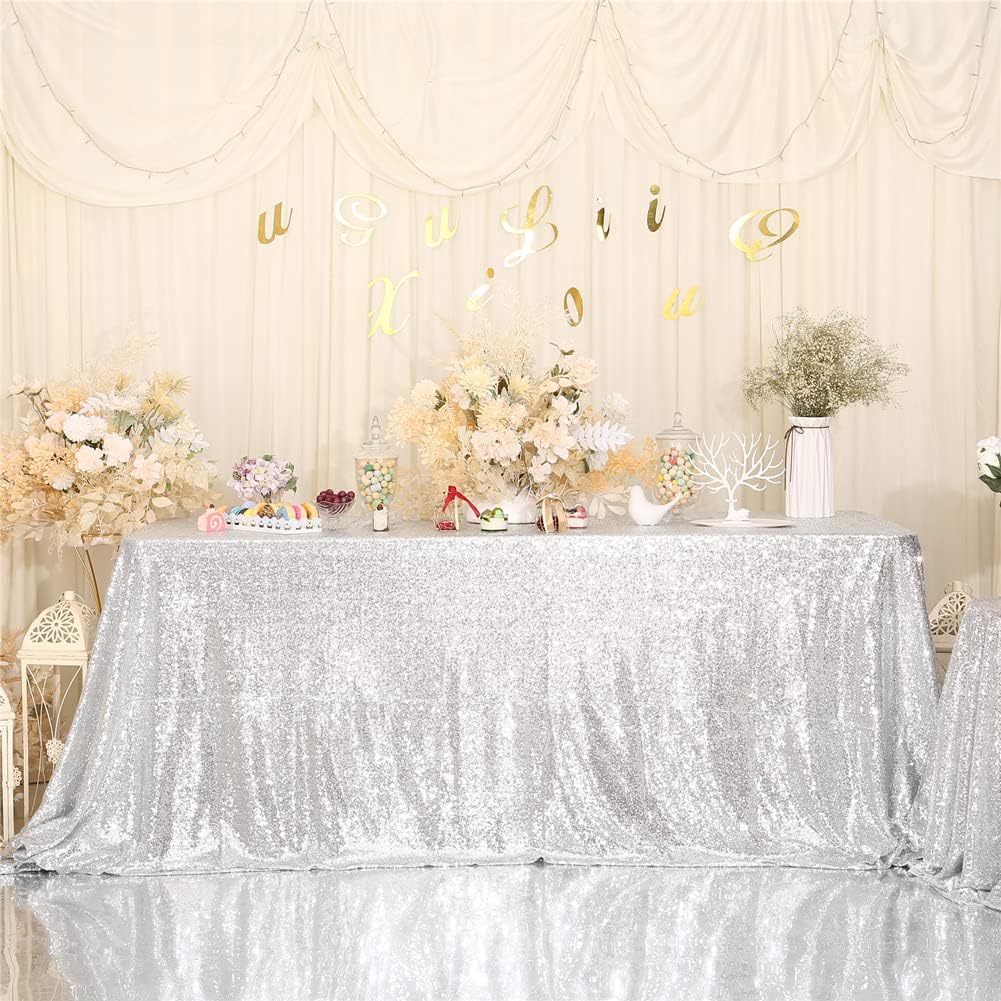 SquarePie Sequin Tablecloth 50 x 72 Inch Silver Sparkly Table Cloth for Wedding Party Decoration