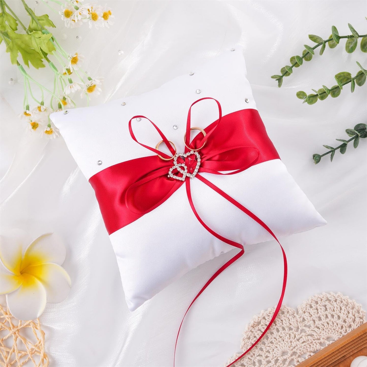 QIRMIZI Ring Pillow, Pearls Ring Cushion, Ring Bearer Holder for Beach Wedding & Ceremony, Proposal - Red