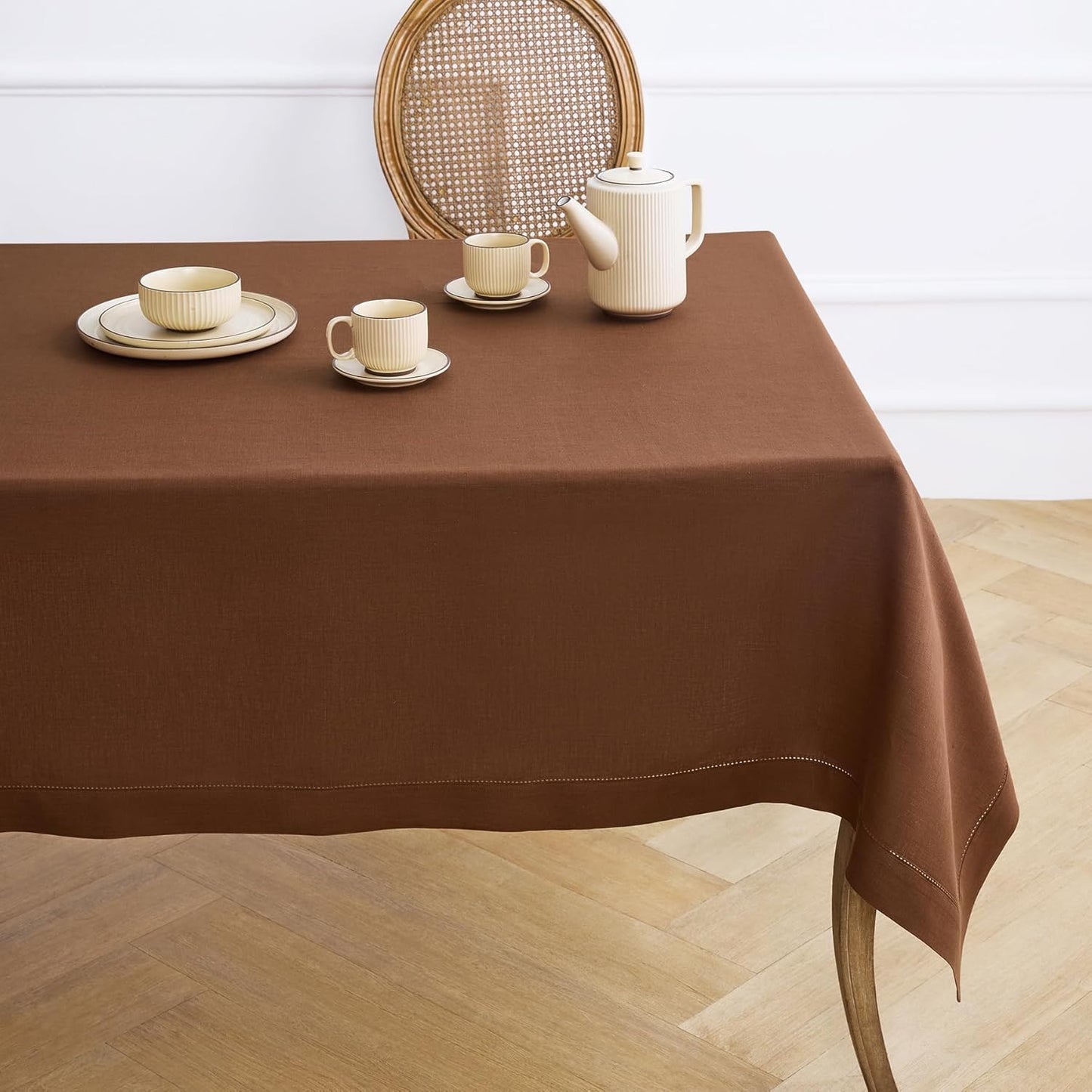 Solino Home Linen Tablecloth 60 x 108 Inch - Classic Hemstitch 100% Pure Linen Brown Table Cloth for Rectangle Tables - Machine Washable Tablecloth for Fall, Autumn, Thanksgiving