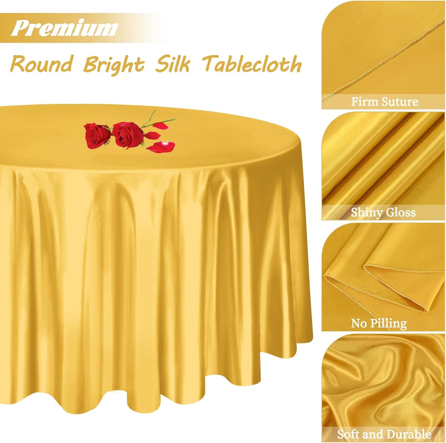 12 Pack 120 Inch Gold Satin Tablecloth - Premium Bright Silky Round Tablecloth Overlay Smooth Fabric Table Cover, Table Decoration for Wedding Party Banquet Events Restaurant Kitchen Dining