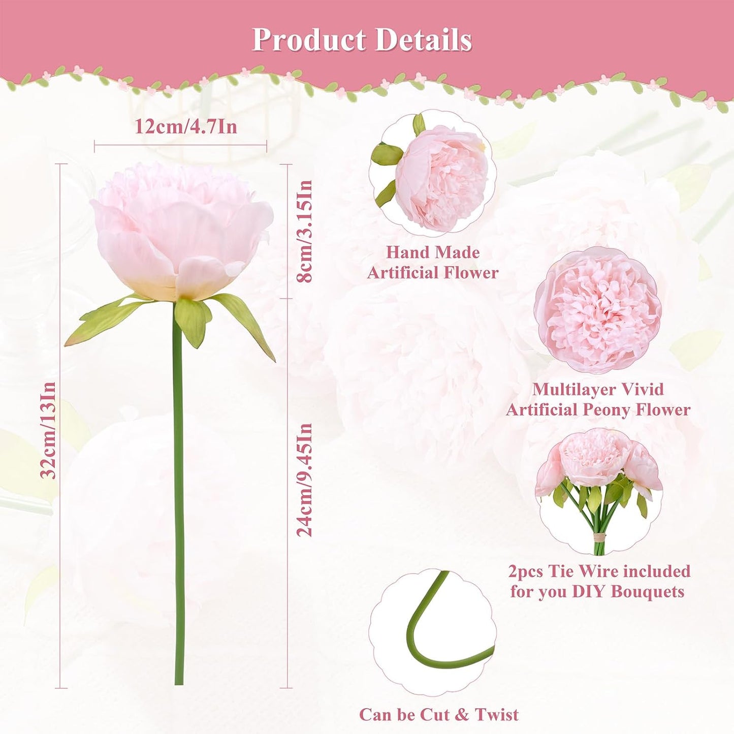 U'Artlines 20 Heads Artificial Peony Silk Flower Leaf Home Office Wedding Party Festival Bar Decor (Light Pink)