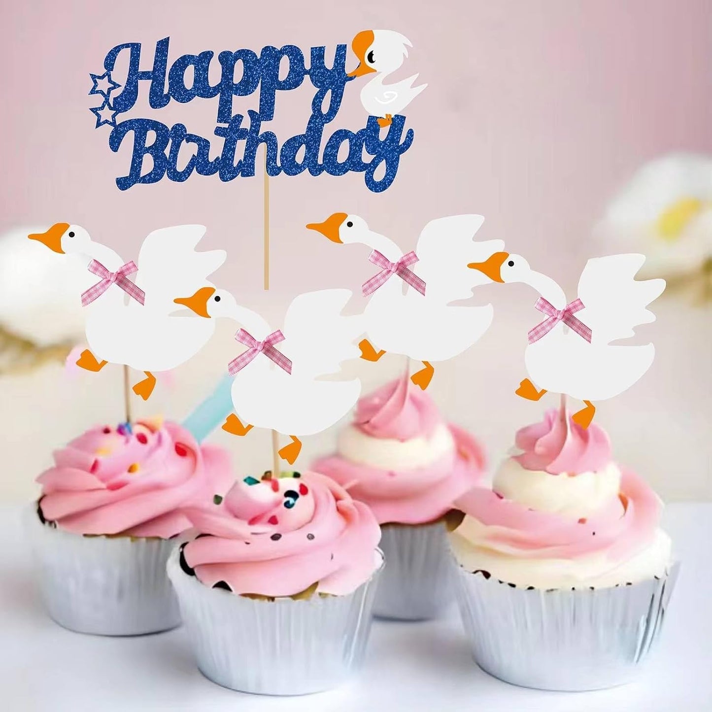 12PCS Silly Goose Cupcake Toppers, Funny Goose Birthday Cake Decorations White Goose Baby Shower Theme Decorations Party Supplies for Baby Boy Girls Birthday Party Decorations
