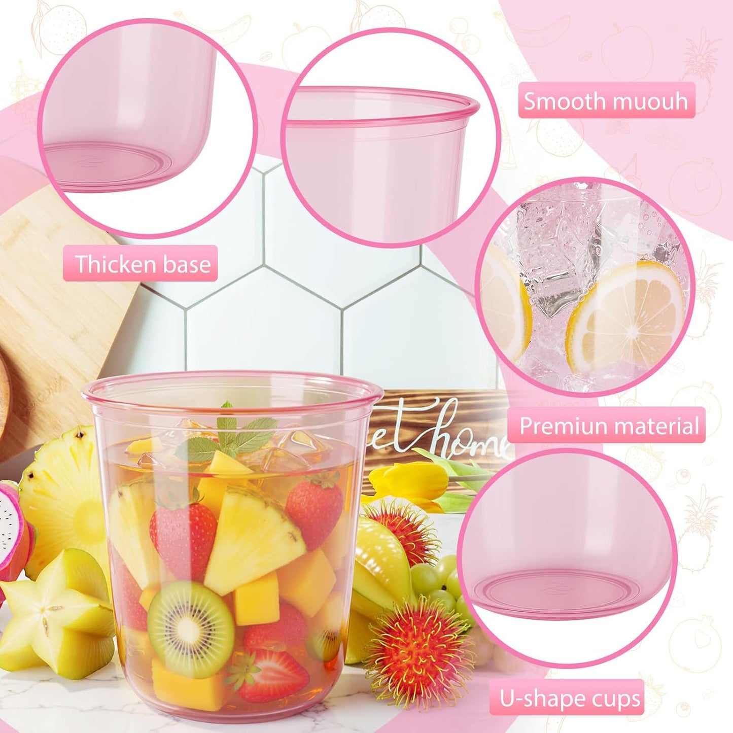 60 Pcs Disposable Stemless Clear Glasses 12 oz NATURAL Arc Crystal Plastic wine glasses Clear Classic Pet Cup for Meeting Weddings Birthdays Cocktail Christmas Party Supplies(Pink)