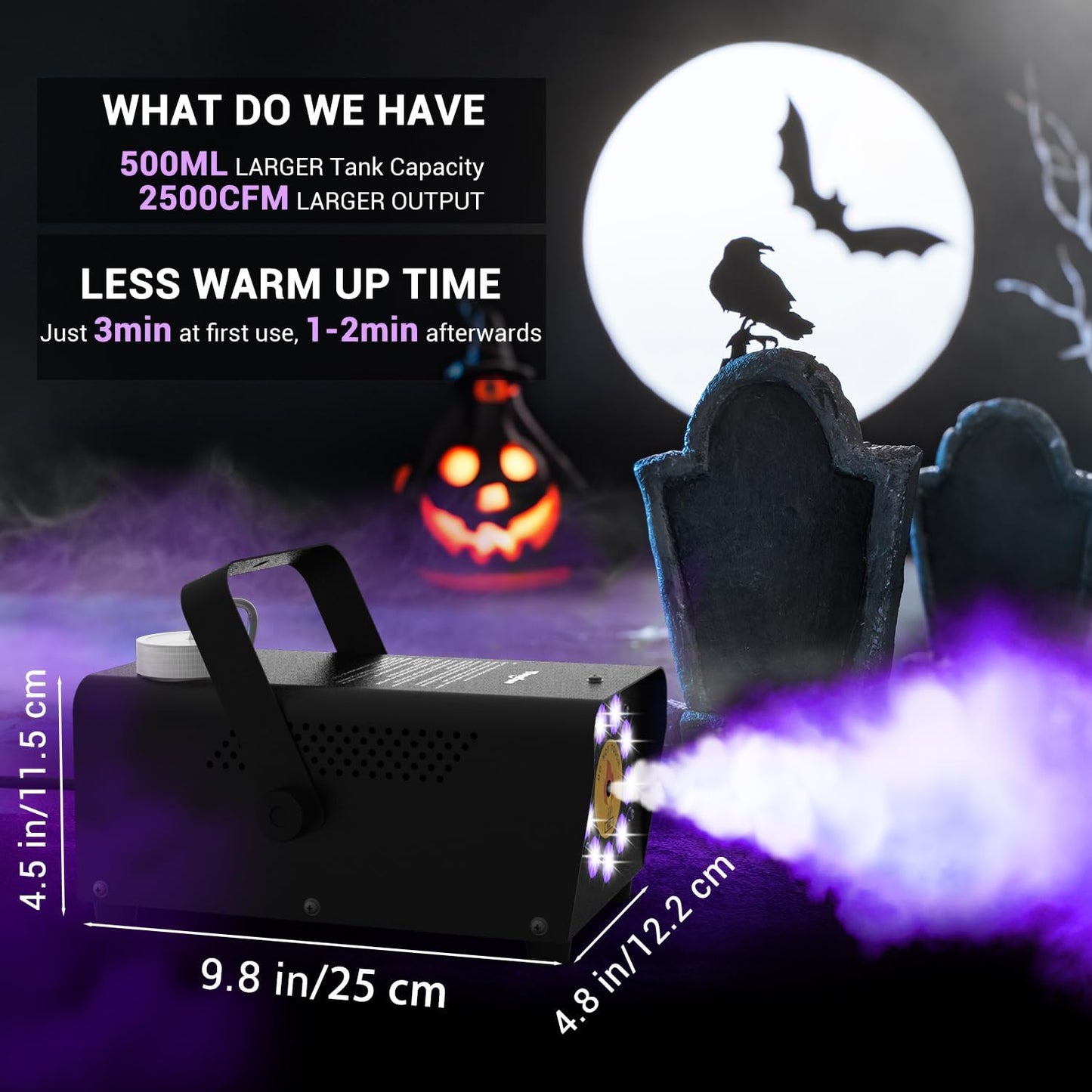 Smoke Machine, Theefun Fog Machine 450w 2500CFM with 9 LED 12 Color Lights Portable 500ml Tank No Liquid Included Stage Smoke Machine Fog Indoor with Wireless Remote Control for Wedding DJ Party