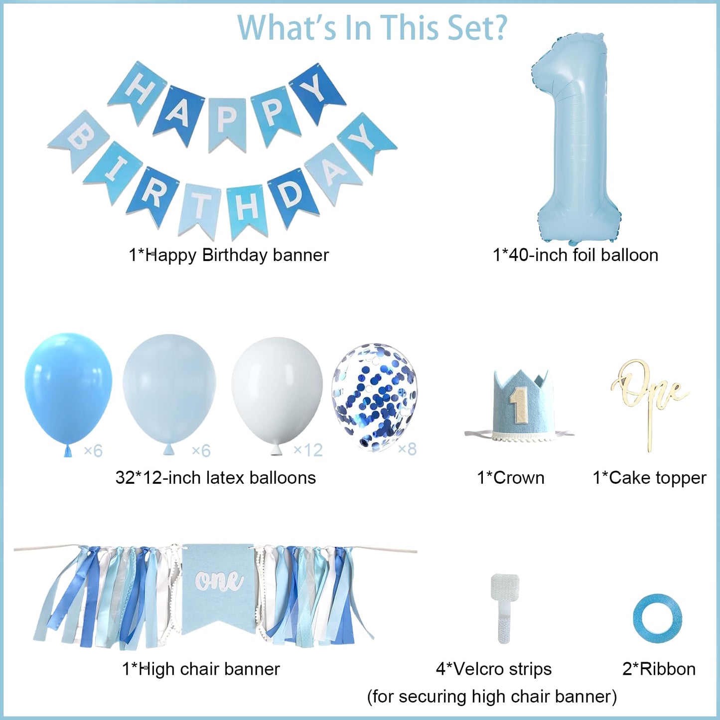 Bapukzy First Birthday Decorations for Boy - Complete Party Set with High Chair Banner, Number 1
