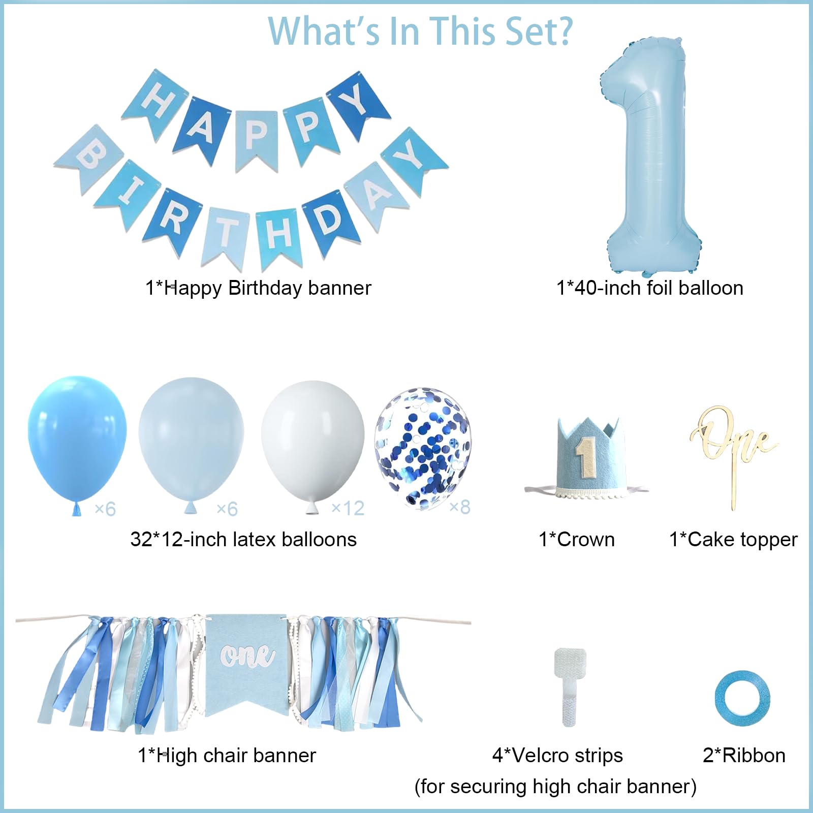 Bapukzy First Birthday Decorations for Boy - Complete Party Set with High Chair Banner, Number 1