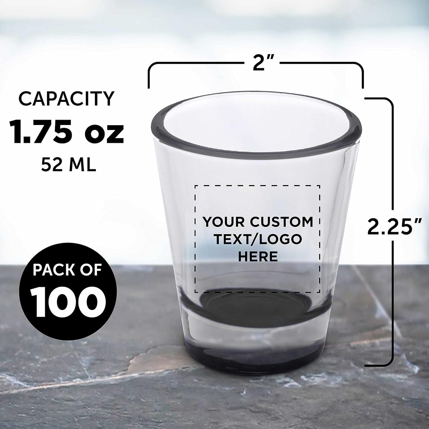 Custom Shot Glasses 1.75 oz. Set of 100, Personalized Bulk Pack - Great for Wedding Favors, Bachelorette Party Decorations, Party Fovors, Color Bottom - Black