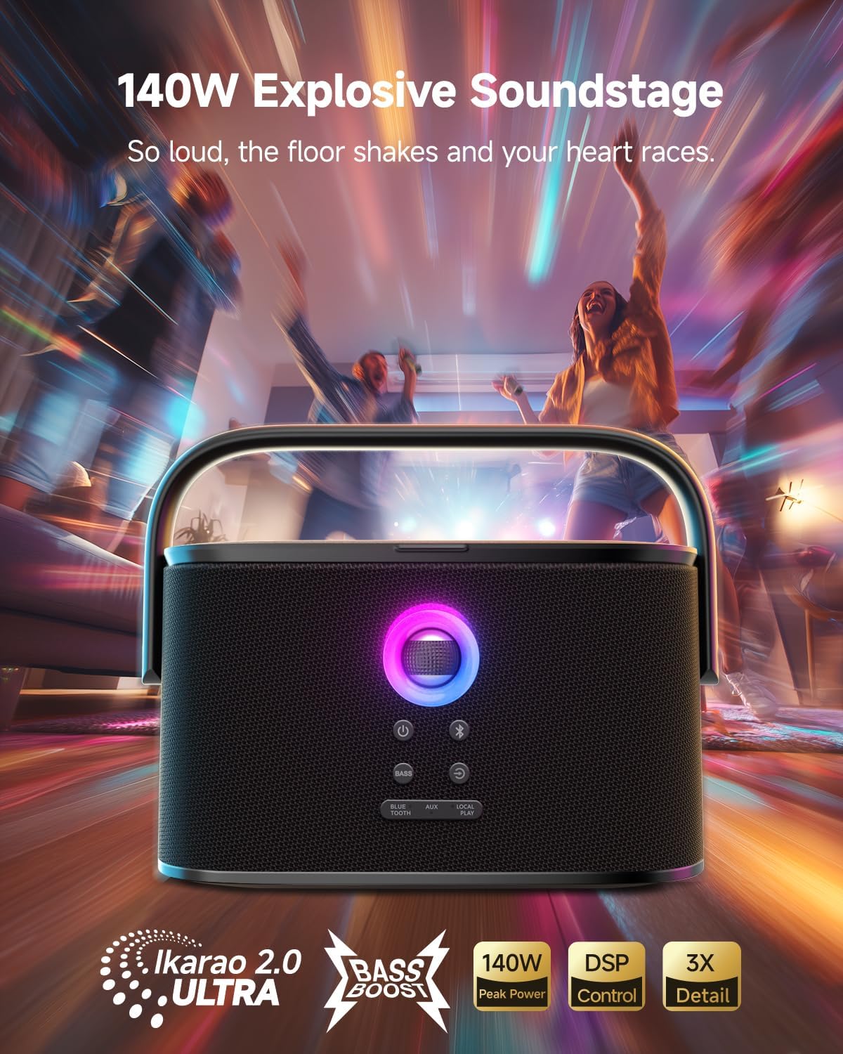 Ikarao Portable Karaoke Machine for Adults, Built-in Lyrics Display and Screen, 2 Self-Charging Wireless Microphones, Karaoke App, 140W Speaker, Connects to TV for Home Party Birthday Outdoor Camping