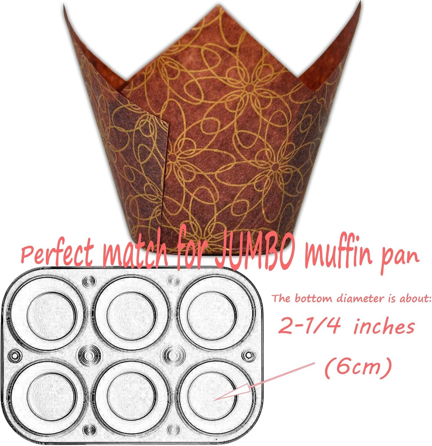 (JUMBO Large size) Brown Golden pattern Tulip Baking Cups 2-1/4"(Base diameter) x 3-3/4"(Wall height) Greaseproof paper Muffin liners, Case of 130 pcs